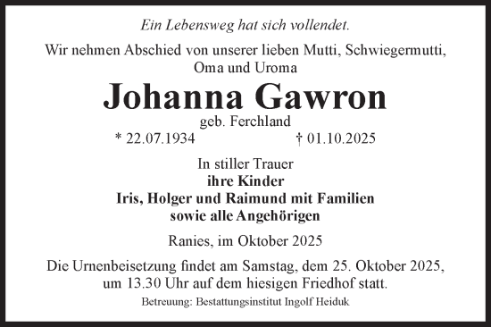 Traueranzeige von Johanna Gawron von Volksstimme Schönebeck
