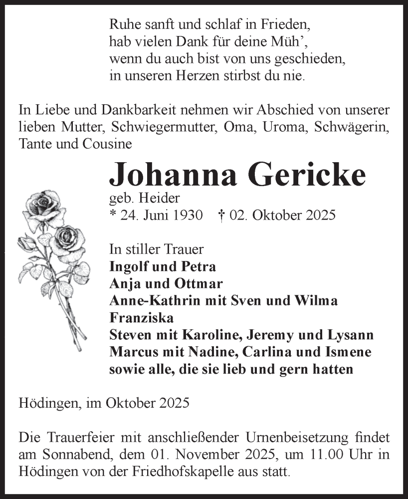  Traueranzeige für Johanna Gericke vom 11.10.2025 aus Volksstimme Altmark West
