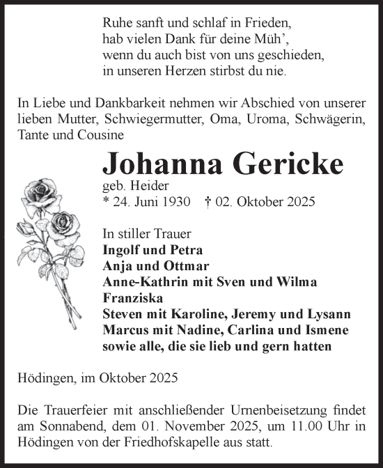 Traueranzeige von Johanna Gericke von Volksstimme Altmark West