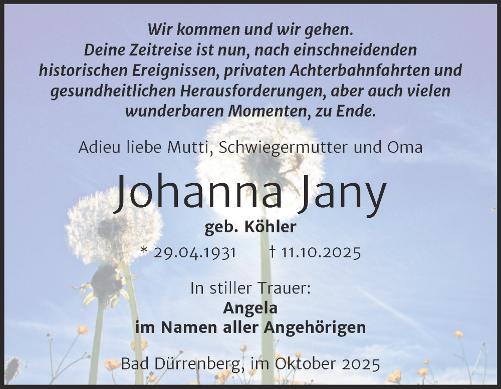  Traueranzeige für Johanna Jany vom 25.10.2025 aus Trauerkombi Merseburg