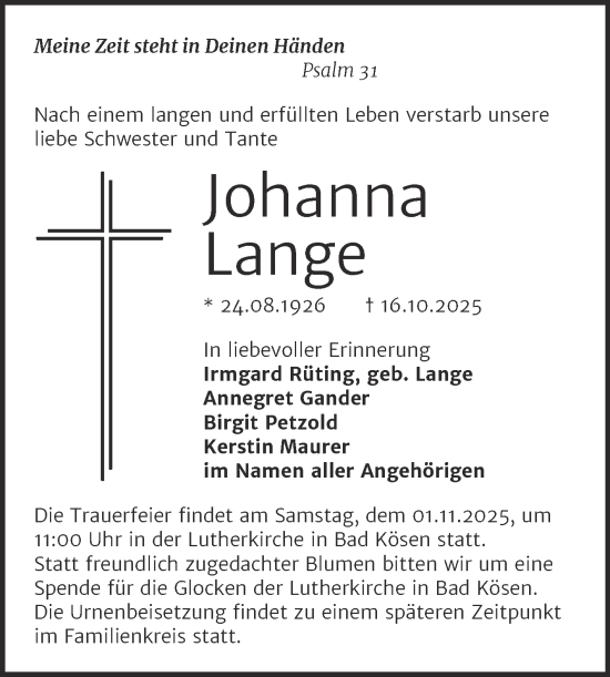 Traueranzeige von Johanna Lange von Naumburger Tageblatt