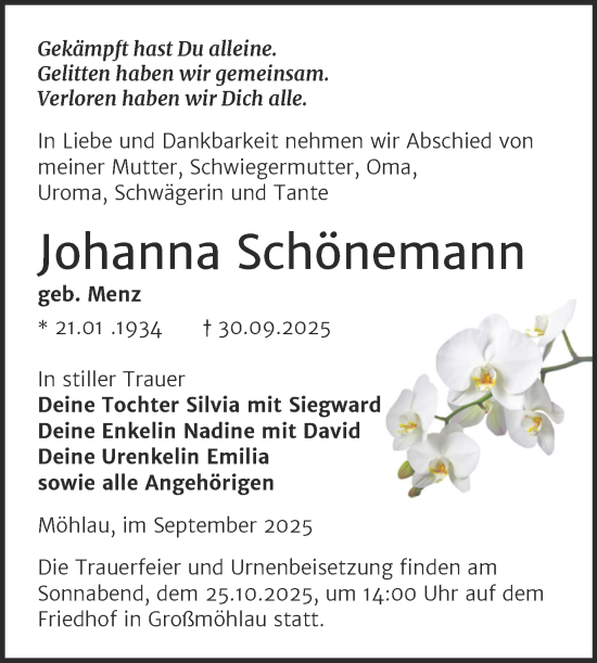 Traueranzeige von Johanna Schönemann von Trauerkombi Wittenberg