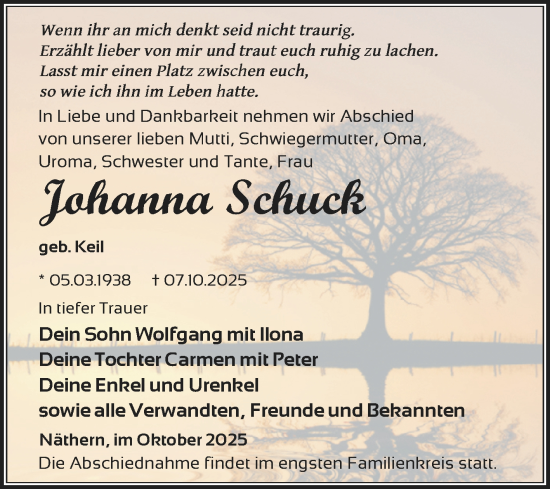 Traueranzeige von Johanna Schuck von Trauerkombi Zeitz