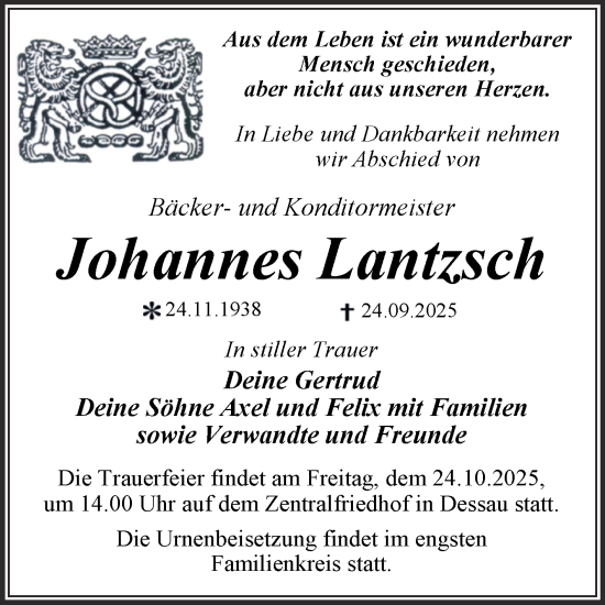 Traueranzeige von Johannes Lantzsch von Trauerkombi Dessau
