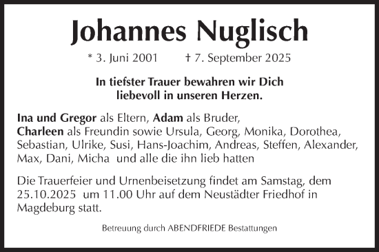 Traueranzeige von Johannes Nuglisch von Volksstimme Magdeburg