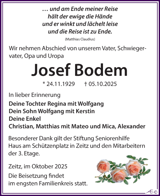 Traueranzeige von Josef Bodem von Trauerkombi Zeitz