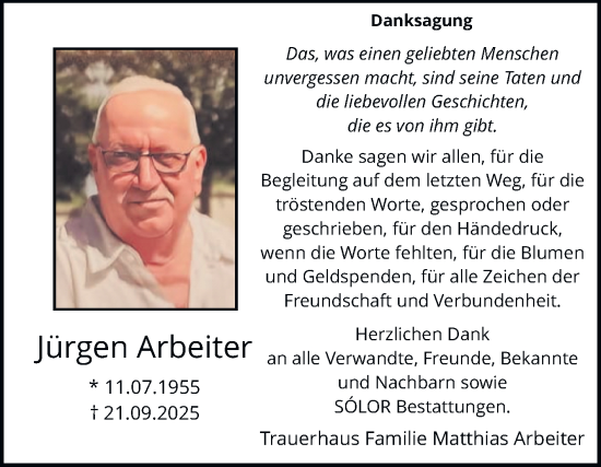 Traueranzeige von Jürgen Arbeiter von Volksstimme Burg/Genthin