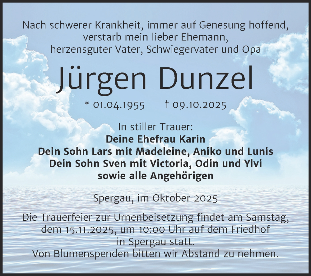  Traueranzeige für Jürgen Dunzel vom 25.10.2025 aus Trauerkombi Merseburg