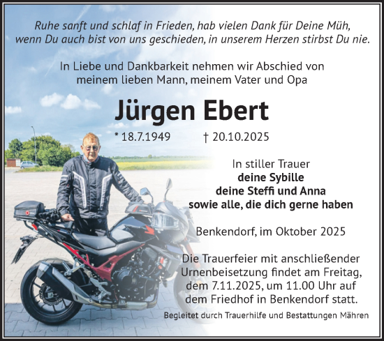 Traueranzeige von Jürgen Ebert von Volksstimme Altmark West