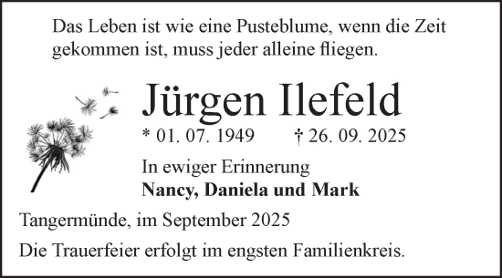 Traueranzeige von Jürgen Ilefeld von Volksstimme Altmark Ost