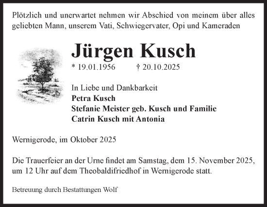 Traueranzeige von Jürgen Kusch von Volksstimme Wernigerode
