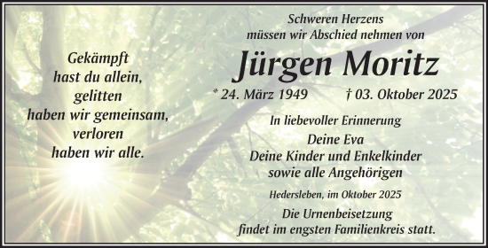Traueranzeige von Jürgen Moritz von Trauerkombi Quedlinburg