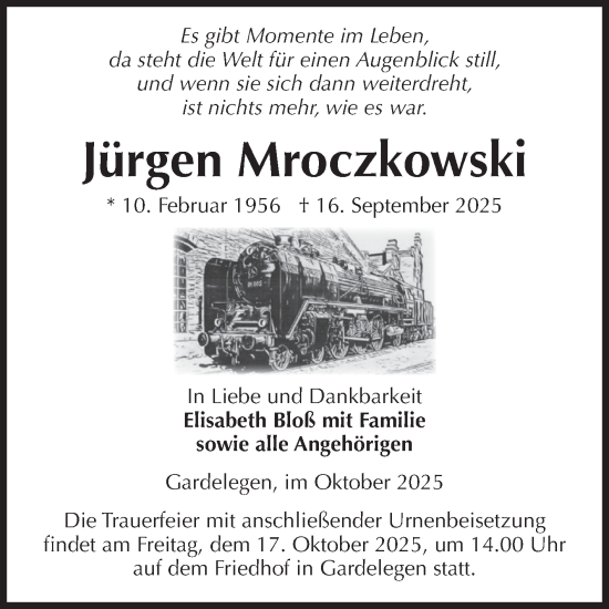 Traueranzeige von Jürgen Mroczkowski von Volksstimme Altmark West