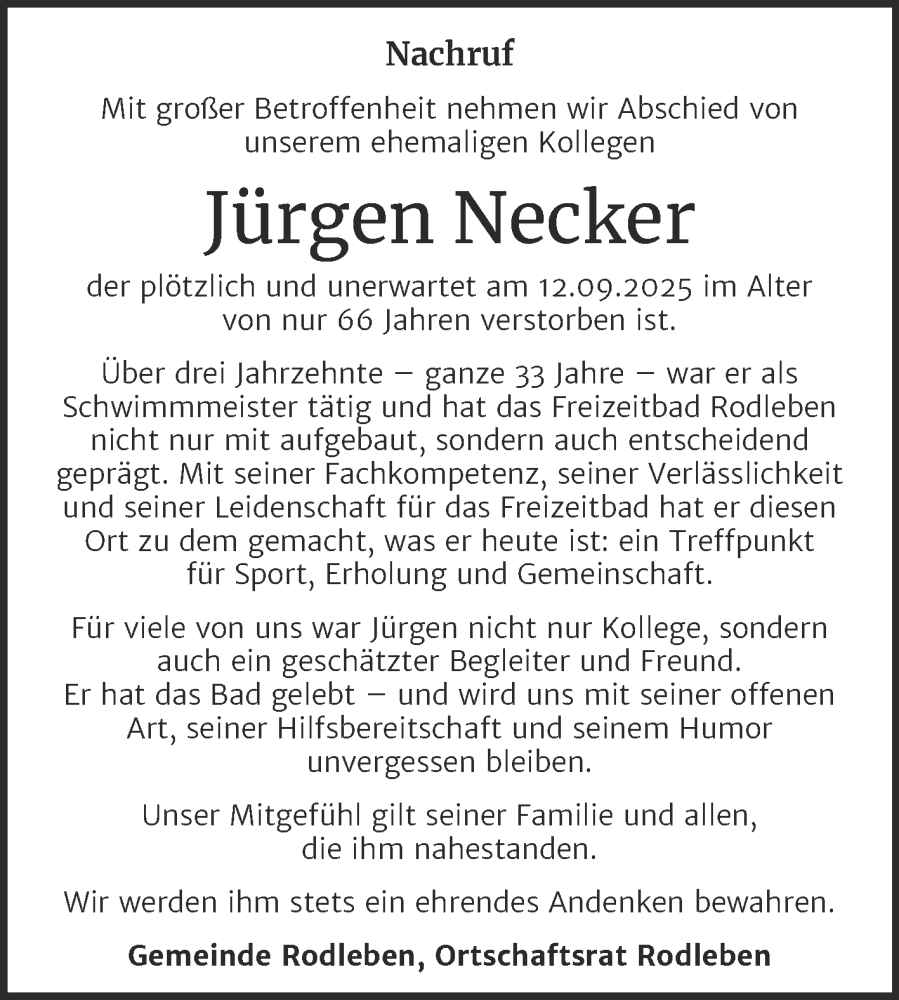  Traueranzeige für Jürgen Necker vom 04.10.2025 aus Super Sonntag Dessau-Roßlau