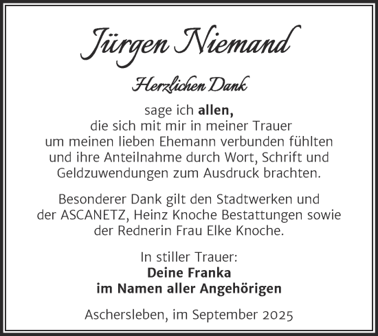 Traueranzeige von Jürgen Niemand von Trauerkombi Aschersleben