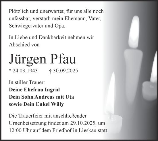 Traueranzeige von Jürgen Pfau von Mitteldeutsche Zeitung Halle/Saalkreis