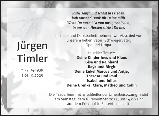 Traueranzeige von Jürgen Timler von Trauerkombi Quedlinburg