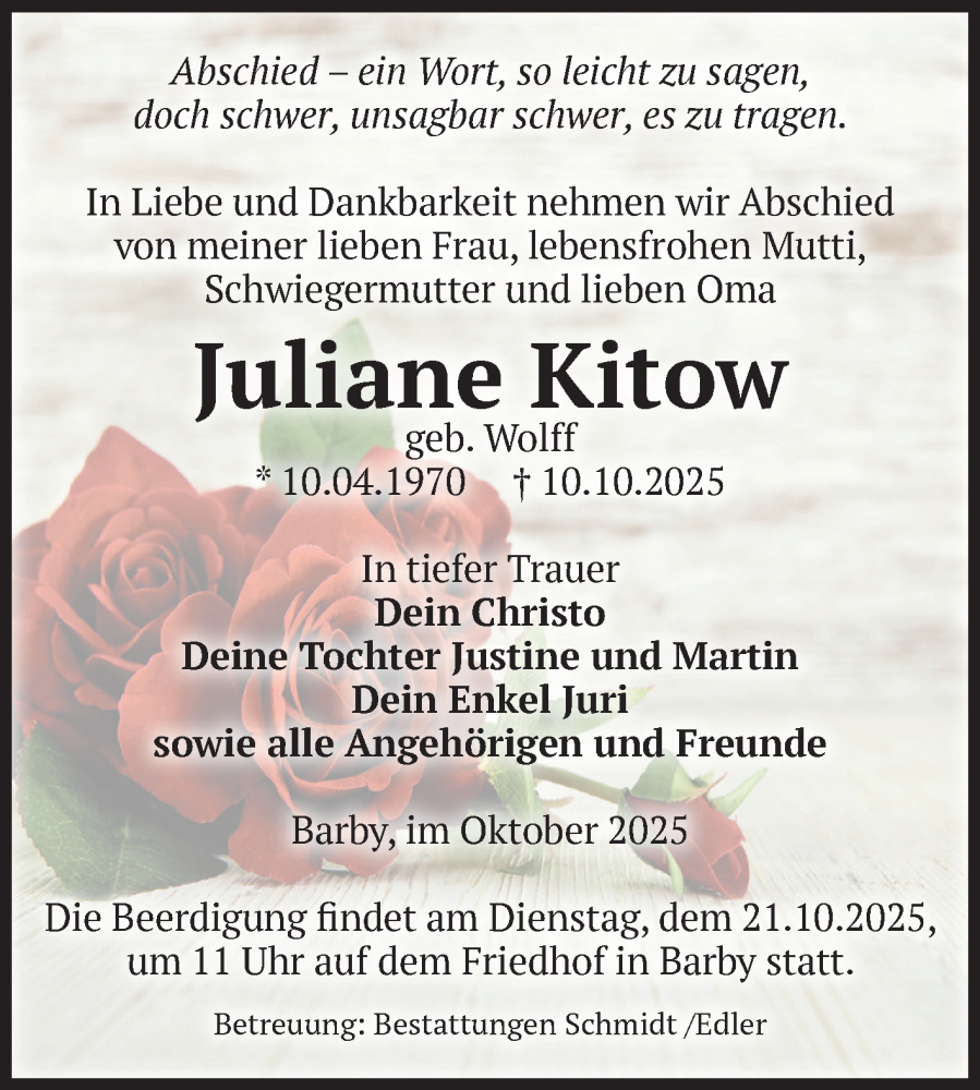  Traueranzeige für Juliane Kitow vom 18.10.2025 aus Volksstimme Schönebeck