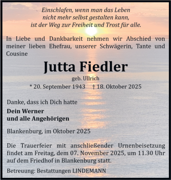 Traueranzeige von Jutta Fiedler von Volksstimme Wernigerode