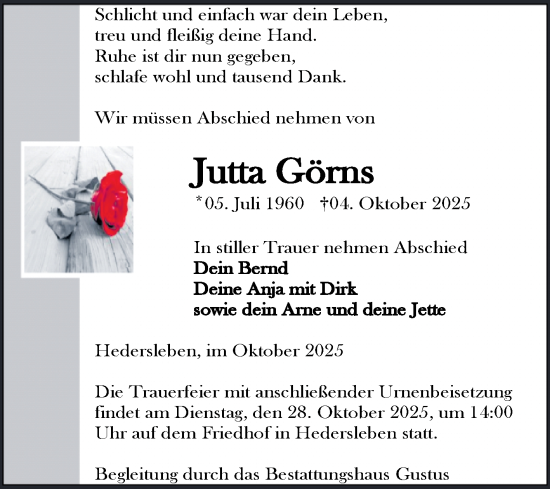 Traueranzeige von Jutta Görns von Super Sonntag Quedlingburg