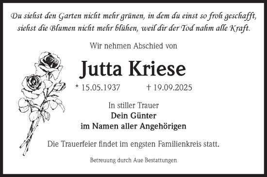 Traueranzeige von Jutta Kriese von Volksstimme Magdeburg
