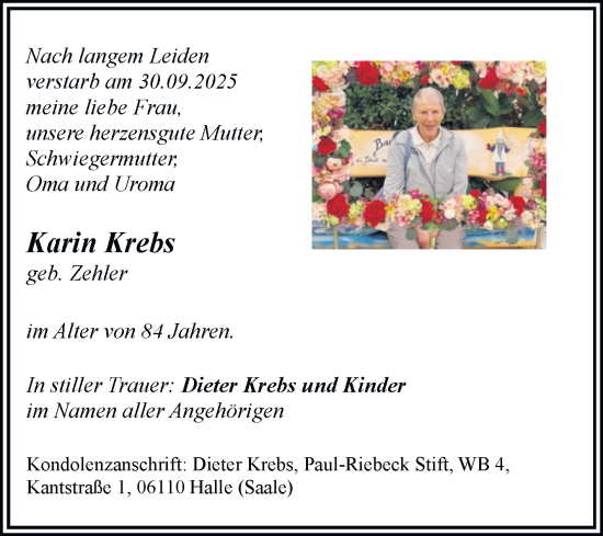 Traueranzeige von Karin Krebs von Mitteldeutsche Zeitung Halle/Saalkreis
