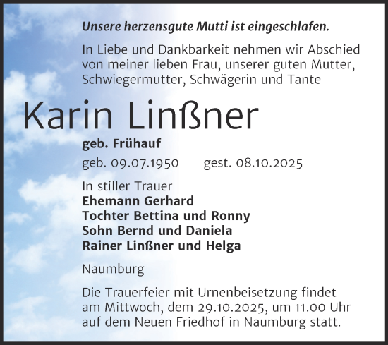 Traueranzeige von Karin Linßner von Super Sonntag Naumburg/Nebra