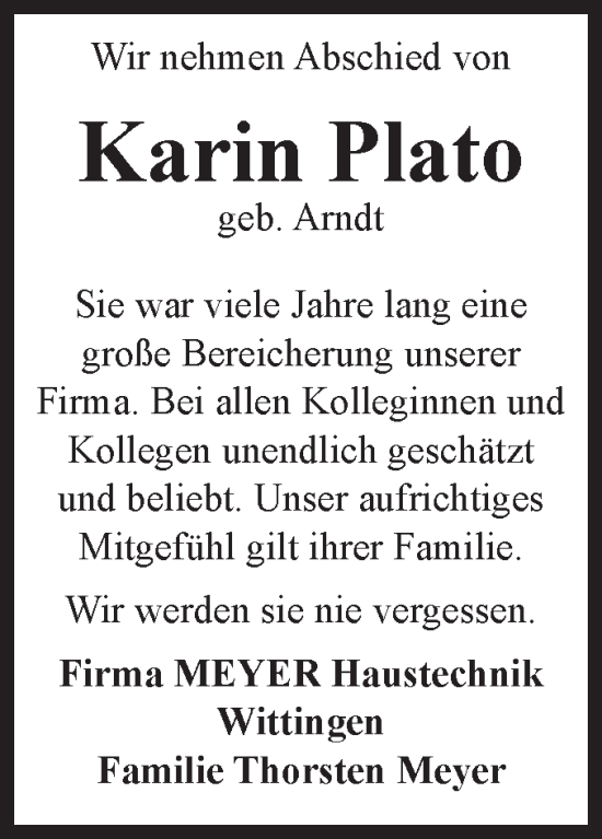 Traueranzeige von Karin Plato von Volksstimme Altmark West