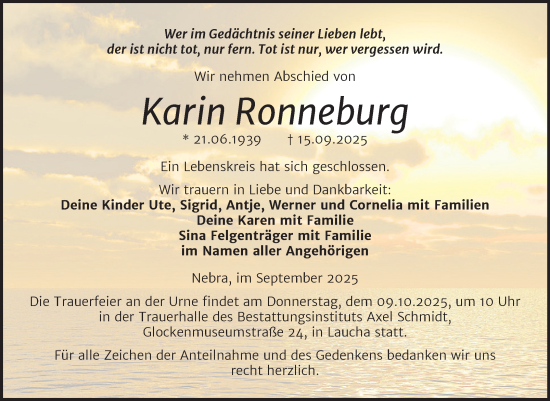 Traueranzeige von Karin Ronneburg von Super Sonntag Naumburg/Nebra