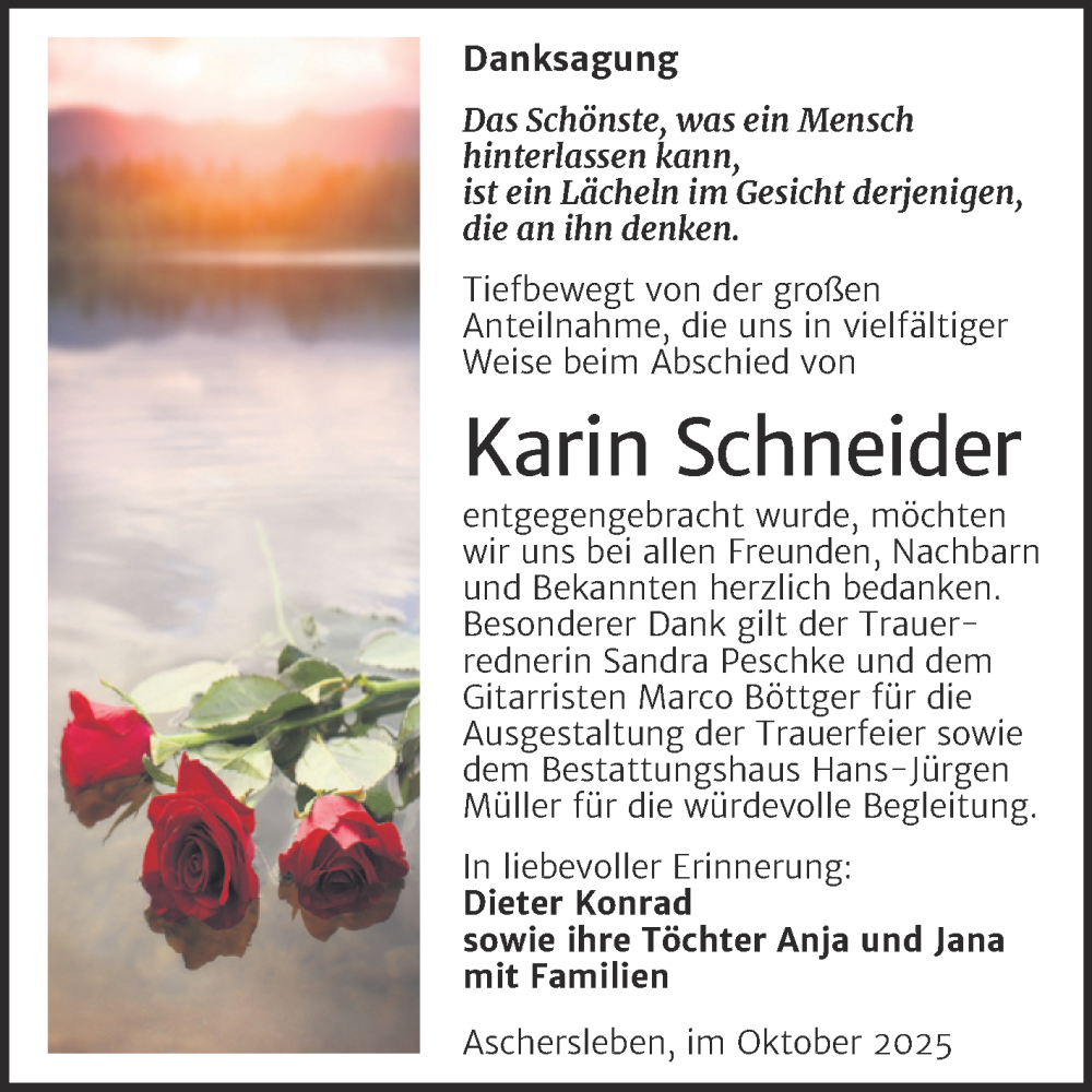  Traueranzeige für Karin Schneider vom 25.10.2025 aus Trauerkombi Aschersleben