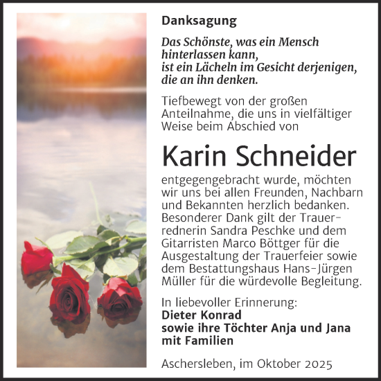 Traueranzeige von Karin Schneider von Trauerkombi Aschersleben