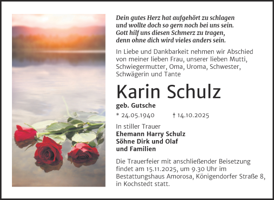 Traueranzeige von Karin Schulz von Trauerkombi Dessau