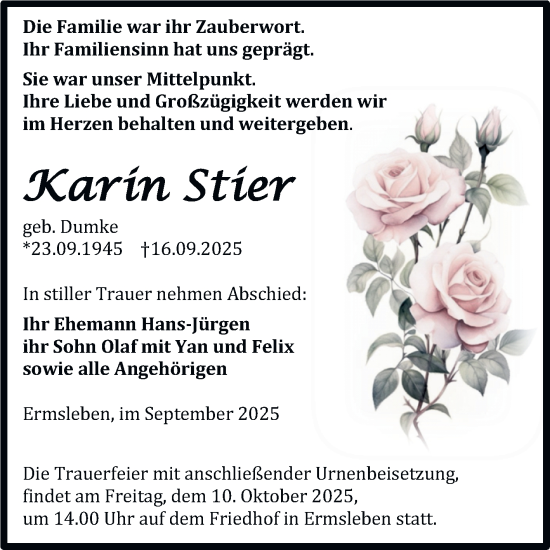 Traueranzeige von Karin Stier von Trauerkombi Quedlinburg