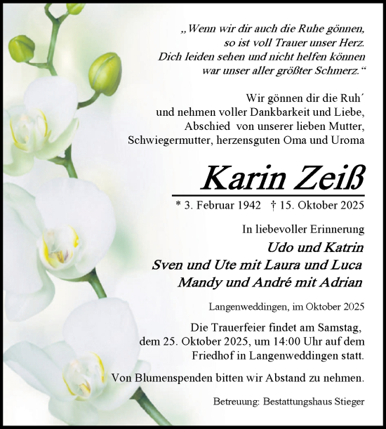 Traueranzeige von Karin Zeilß von Volksstimme Oschersleben/Wanzleben