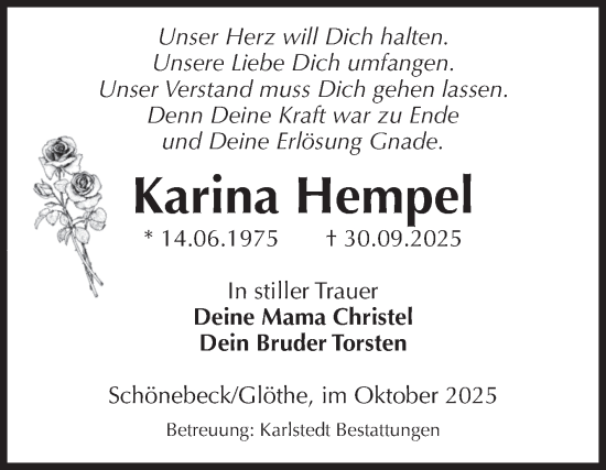 Traueranzeige von Karina Hempel von Volksstimme Schönebeck