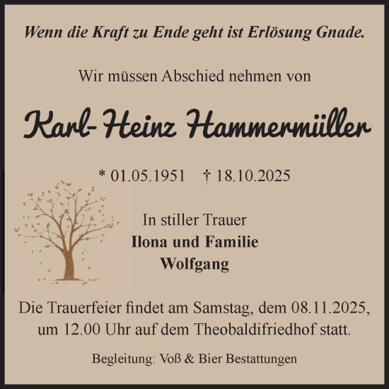 Traueranzeige von Karl-Heinz Hammermüller von Volksstimme Wernigerode