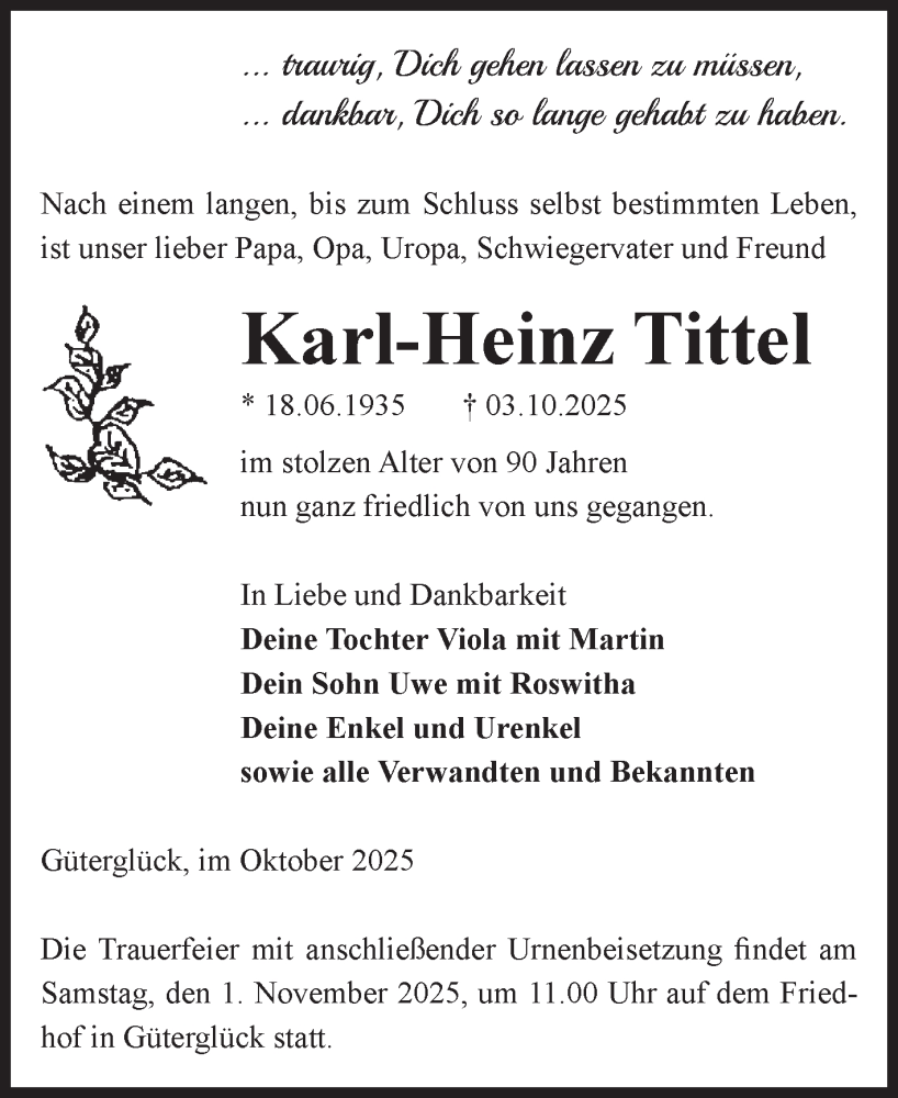  Traueranzeige für Karl-Heinz Tittel vom 11.10.2025 aus Volksstimme Zerbst