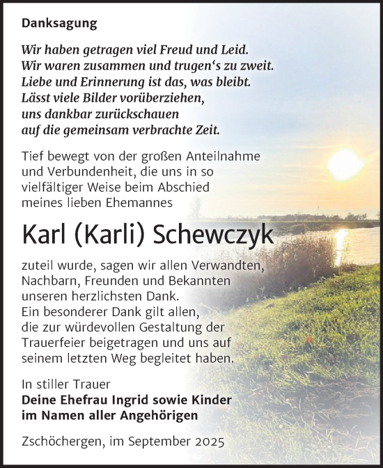Traueranzeige von Karl Schewczyk von Trauerkombi Merseburg