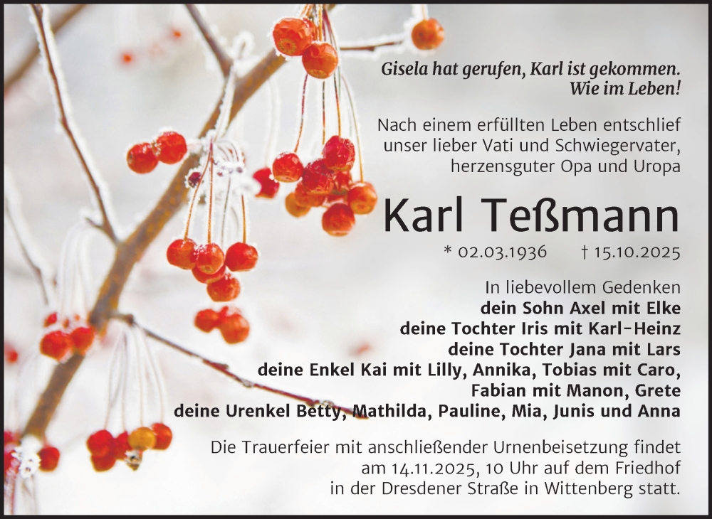 Traueranzeige für Karl Teßmann vom 25.10.2025 aus Trauerkombi Wittenberg