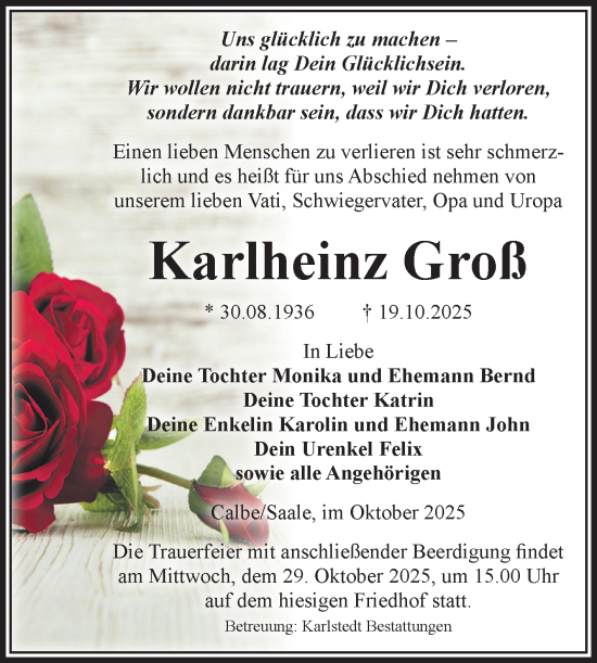 Traueranzeige von Karlheinz Groß von Volksstimme Schönebeck