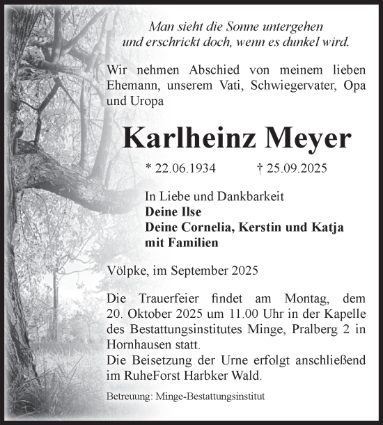 Traueranzeige von Karlheinz Meyer von Volksstimme Oschersleben/Wanzleben