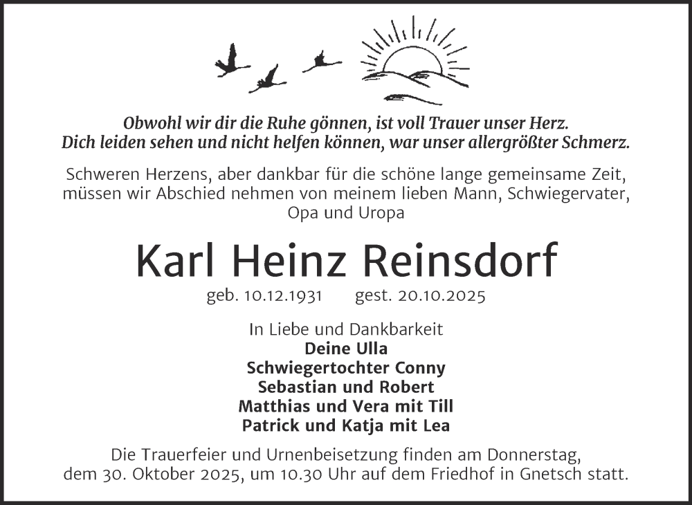  Traueranzeige für Karl Heinz Reinsdorf vom 25.10.2025 aus Trauerkombi Köthen