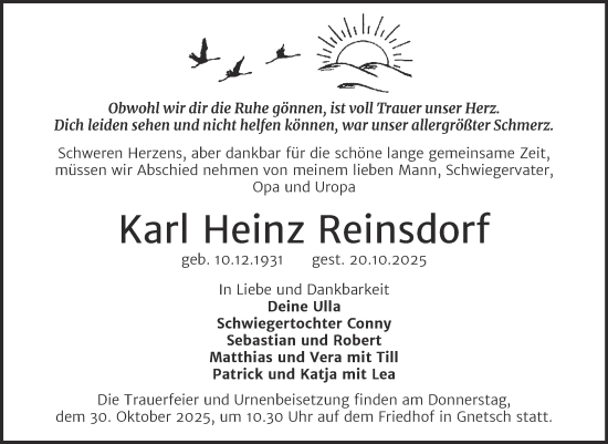 Traueranzeige von Karl Heinz Reinsdorf von Trauerkombi Köthen
