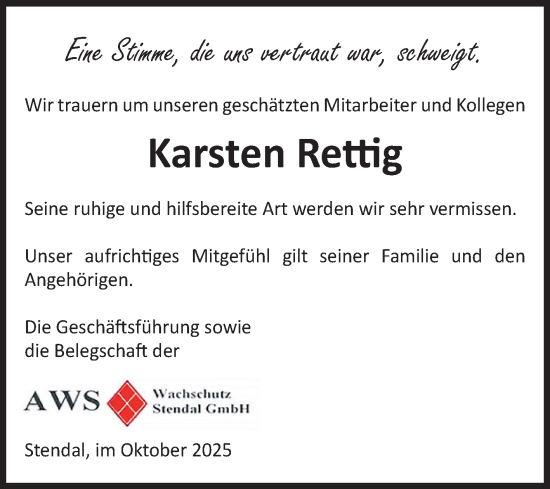 Traueranzeige von Karsten Rettig von Volksstimme Altmark Ost