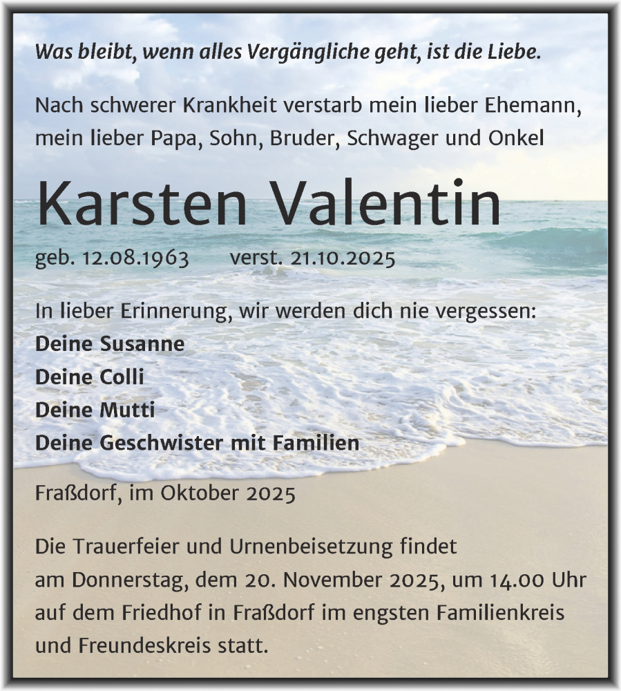 Traueranzeige für Karsten Valentin vom 28.10.2025 aus Trauerkombi Dessau
