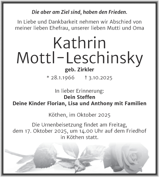 Traueranzeige von Kathrin Mottl-Leschinsky von Trauerkombi Köthen