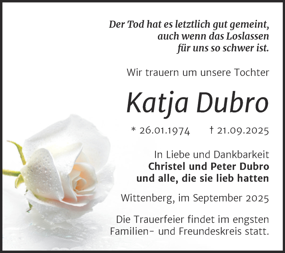  Traueranzeige für Katja Dubro vom 04.10.2025 aus Trauerkombi Wittenberg