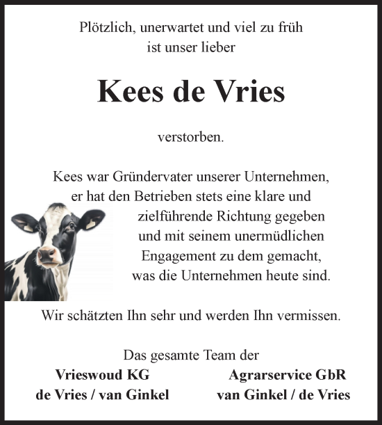 Traueranzeige von Kees de Vries von Volksstimme Zerbst