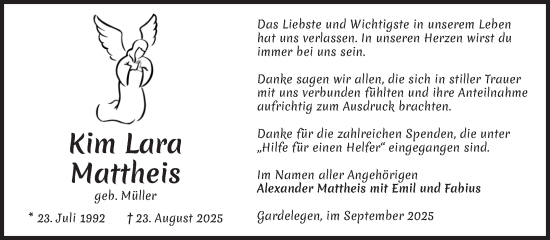 Traueranzeige von Kim Lara Mattheis von Volksstimme Altmark West