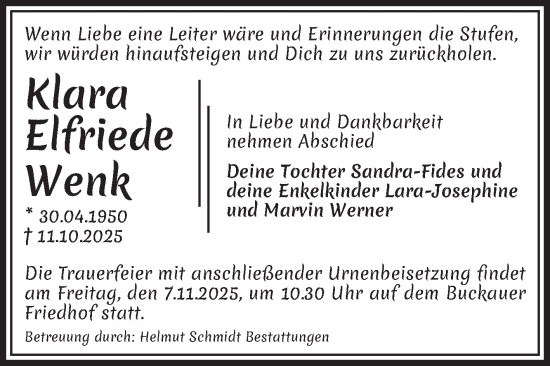Traueranzeige von Klara Elfriede Wenk von Volksstimme Magdeburg